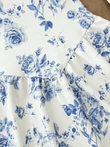 SHEIN 少女碎花针织无袖修身A字迷你连衣裙，优雅休闲，适合情人节、万圣节派对、返校、度假、波西米亚风、夏威夷风等场合。 - 藍白色 - 查看 4