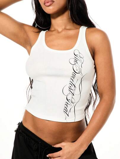 SUMWON WOMEN Sleeveless Ribbed Crop Tank Top With Side Script Print Perfect For Summer Casual Layering And Street Style Outfits