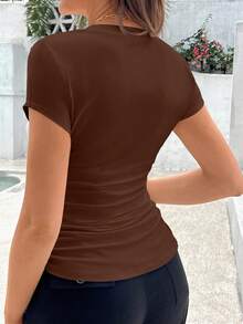SHEIN Maternity Casual Everyday Commute Solid Color Pleated Slim Fit T-Shirt, Summer - Coffee Brown - View 2