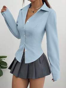 Flirla 女士休闲、办公、通勤纯色长袖修身衬衫，适合春秋季穿着，优雅大方，适合正式场合，可作工作服、职业装、优雅衬衫、商务休闲上衣等。 - 藍色 - 查看 6