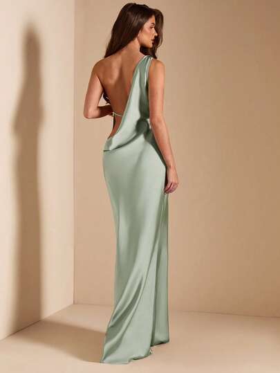 SHEIN BAE Sage Green, Pistachio Green Sexy Satin Backless Maxi Fishtail Dress, Bridesmaid Dress, Satin Dress, Sexy Dress, Brunch Dress, Wedding Guest Attire