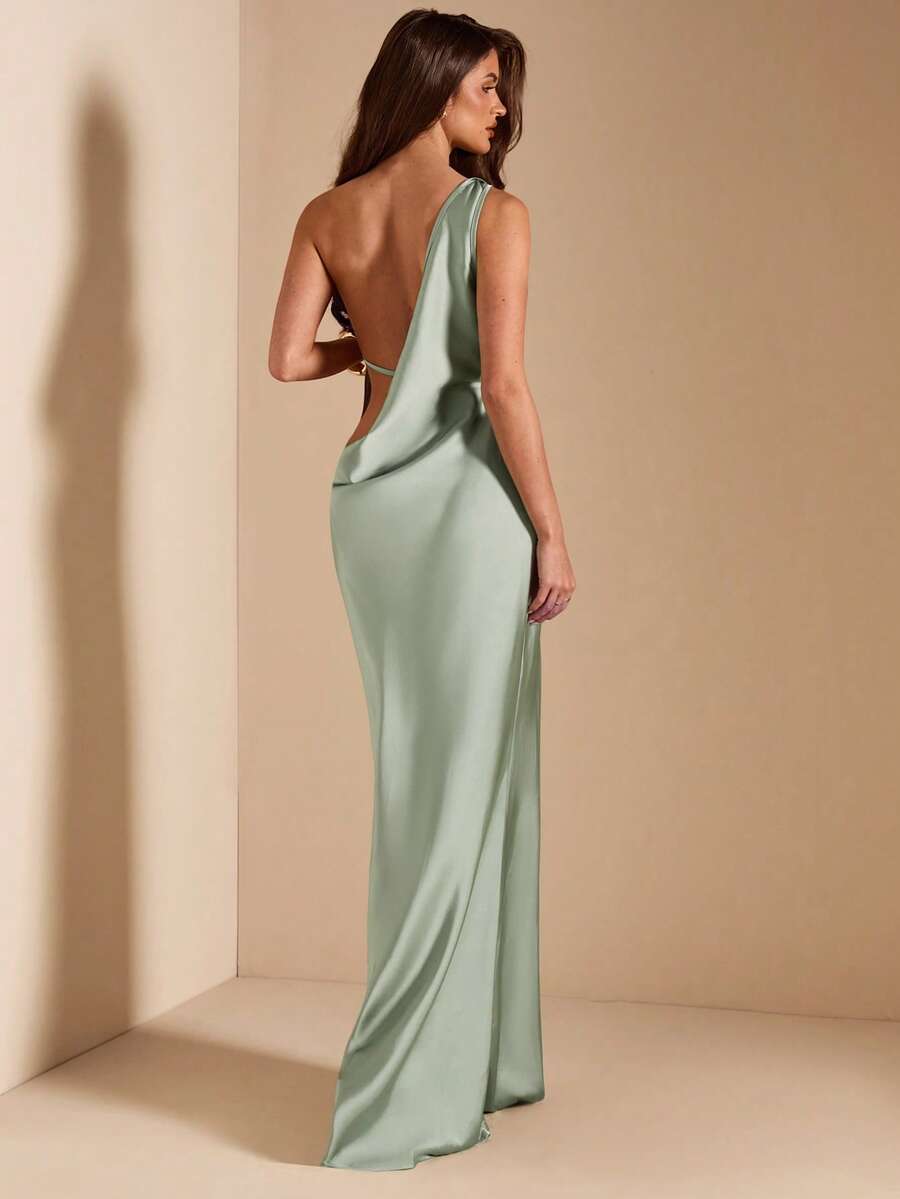 SHEIN BAE Sage Green, Pistachio Green Sexy Satin Backless Maxi Fishtail Dress, Bridesmaid Dress, Satin Dress, Sexy Dress, Brunch Dress, Wedding Guest Attire - Green - View 1