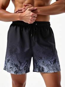 Surfspeed 男士渐变植物印花抽绳腰带沙滩短裤，夏季 - 黑色 - 查看 3