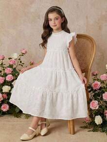 SHEIN Tween Girl Casual Vacation Elegant Floral Embroidered Woven Patchwork Tiered Ruffle Loose Cap Sleeve Dress, White, Spring/Summer - White - View 4