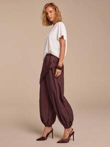 女士优雅蕾丝拼接灯笼裤，波西米亚风，柔软百搭，适合通勤、办公、户外、海滩、春季穿着。 - 棕色 - 查看 5