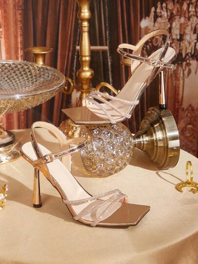 CUCCOO TILAWA Women's Square Toe Stiletto High Heel Sandals With Sparkling Rhinestones - Champagne Glitter PU Pumps, Suitable For Parties, Weddings And Formal Occasions