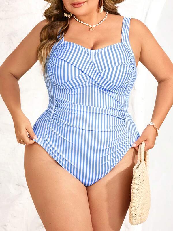 SHEIN CURVE+ 大码女式蓝白条纹交叉前开襟连体泳衣，适合海滩和度假
