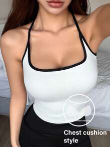 DAZY Áo bra thể thao dáng ngắn, ôm sát, không đường may, viền tương phản, có đệm mút, dành cho nữ, đồ lót nữ. - trắng - Xem 3