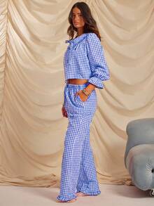 Aralina Sleepwear 2pcs Plain Print Red Gingham Collared Tie Front Long Sleeve Button Down Shirt And Wide Leg Pant Sleep Set With Ruffle Detail , Cute Christmas Pajama Set - Royal Blue - View 9