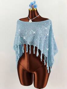 Amplova Women's Knitted Fringe Cover Up Top, Asymmetrical Hem Pullover, Sexy & Avant-Garde, Suitable For Holiday Wear, Shiny Blue Summer Clothes Women - Blue - View 4