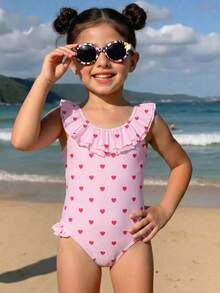 Sparklyn 1 pieza Traje de baño de una sola pieza con estampado de corazón para niñas - Rojo - Ver 1