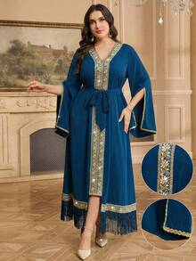 Reflora Plus Size V-Neck Cape Sleeve Vintage Elegant Dress, Sky Blue Autumn Modest Wedding Guest Bridesmaid Party Dresses, Women Arabian Turkish Luxury - Blue - View 9