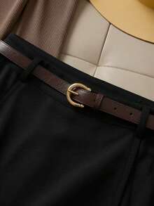 SHEIN Franclia Women's Casual And Elegant Coffee Brown Square-Neck Puff-Sleeve Ribbed Slim-Fit Top+Black Short Loose Culottes With Belt,Suitable For Daily Wear Party And Romantic Dates,Vacation Short Skirt Belted Skirt Top And Skirt Set Puff Sleeve Top Tops For Women Elegant Puff Sleeve Top Women Full Sleeve Tops Blouses For Women Elegant For Party Women's Skirt And Top Set Women Elegant Outfits Tops For Women Elegant Classy Women's Long Sleeves Tops Office Dresses For Ladies - Coffee Brown - View 7