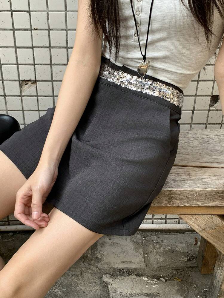 Women's Sequin Patchwork Pocket Casual Skirt
