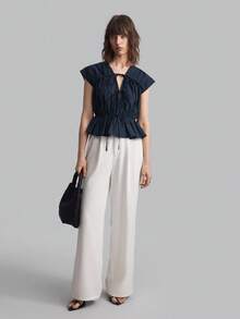 Ontre 2026春夏女士无袖衬衫，V领系带，收腰设计，商务休闲风 - 藏蓝色 - 查看 8