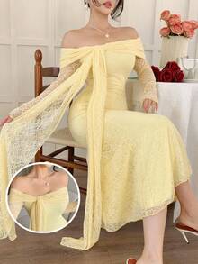 DAZY Đầm midi ren thanh lịch trễ vai buộc dây dáng đuôi cá dành cho nữ, đầm dự tiệc cưới mùa xuân/hè. - Vàng nhạt - Xem 11