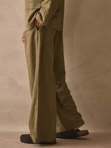 Musero Tailored Striped Pleated Wide Leg Button Fastening Belt Loop Detailing Spring Summer Essentials - Dark Green - View 3