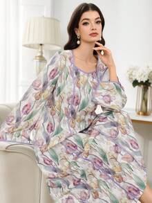 Yasmyna Women's Elegant Floral Print Arabic Style Dress - Multicolor - View 4