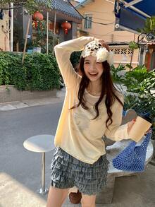 DAZY Camiseta de manga larga con cuello redondo y estampado, estilo coreano - Albaricoque - Ver 1