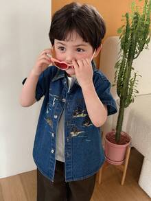 DAZY Toddler Boys' Turndown Collar Embroidery Korean Style Washed Casual Denim Shirt Summer - Blue - View 5