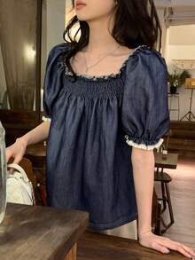 DAZY Women's Loose Petal Sleeve Denim Effect Shirt - Blue - View 5