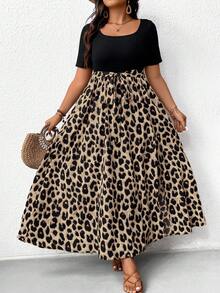 SHEIN Frenchy Plus Size Solid Color Leopard Patchwork Simple Daily Short Sleeve Dress For Women Fall Clothes - Multicolor - View 5