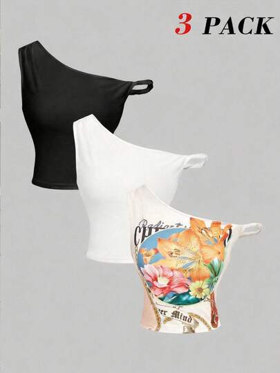 SHEIN MOD 3pcs Women's Summer Vacation Casual Asymmetrical Shoulder Tops