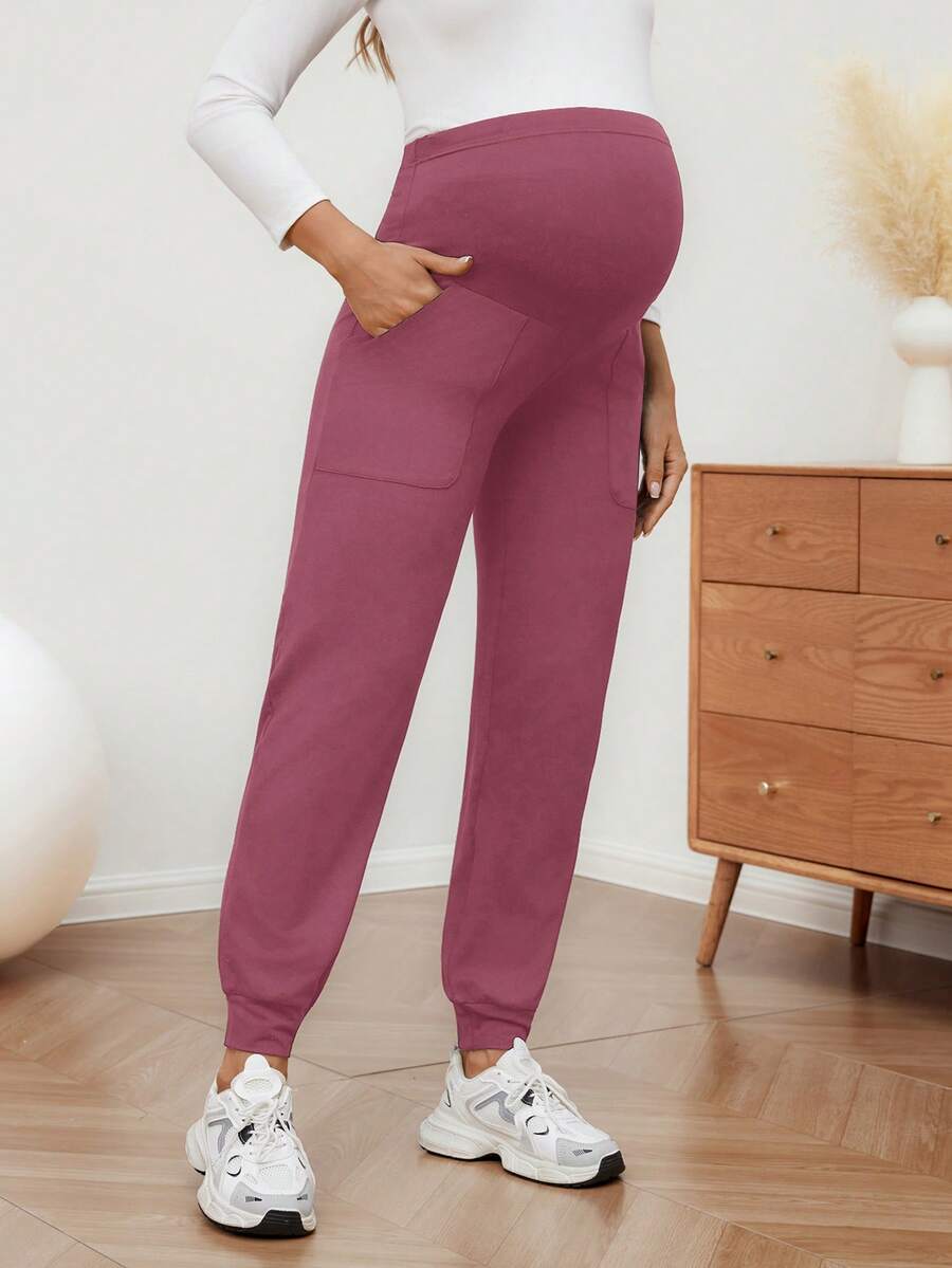 SHEIN Maternity Solid Color Sports Pants With Pockets And Elastic Waist - Red Violet - View 1