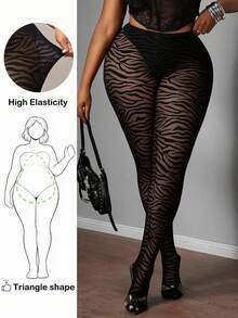 Plus Size Women Sexy Zebra Print Black Mesh Leggings Zebra Print Tights Bottoms Mesh Tights For Women, See Through Curve Tights For Women Plus Size, For Pear And Triangle Body Shape, For Summer - Black - View 2