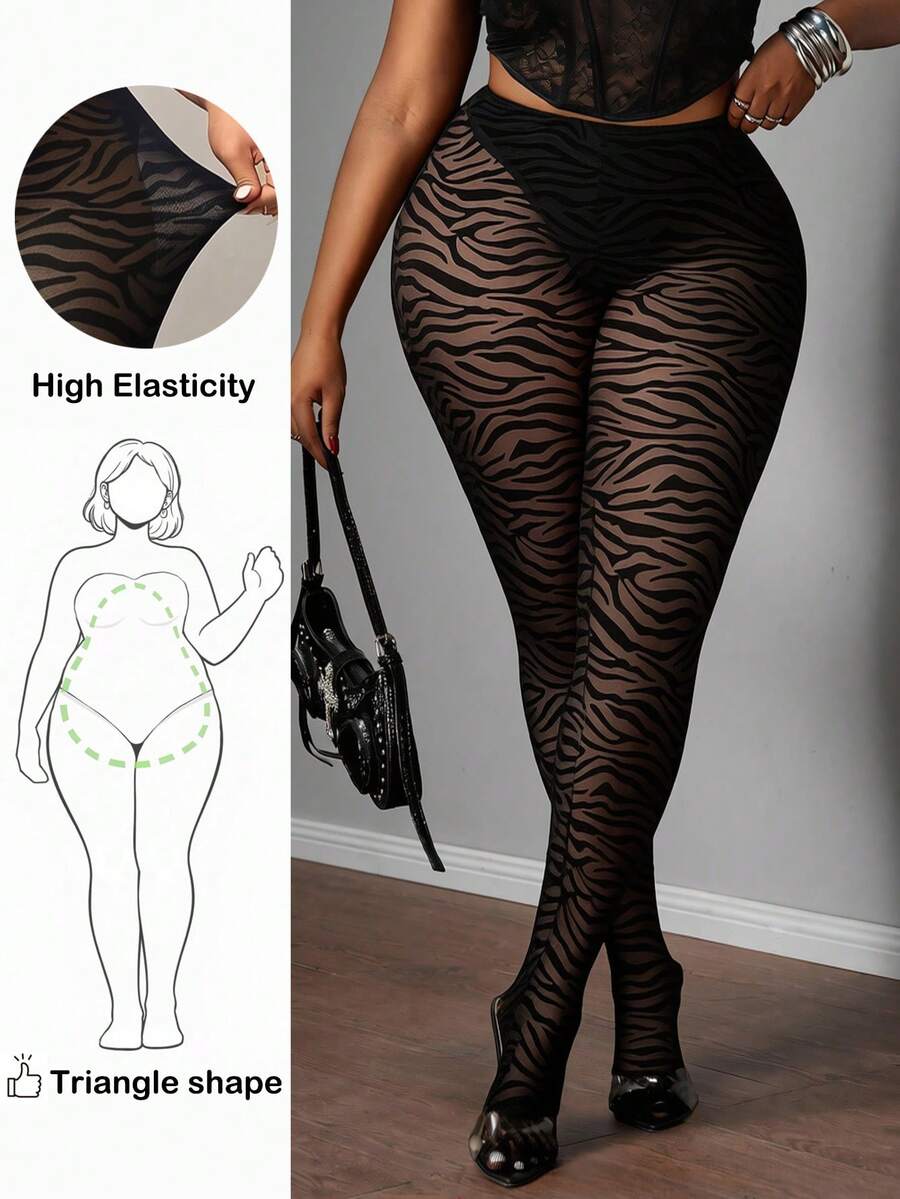 Plus Size Women Sexy Zebra Print Black Mesh Leggings Zebra Print Tights Bottoms Mesh Tights For Women, See Through Curve Tights For Women Plus Size, For Pear And Triangle Body Shape, For Summer