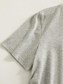 Tween Girl Cherry Letter Print Ruffle Fitted T-Shirt And Wide Leg Pants Set, Casual Fashionable Street Style For Spring, Summer, Autumn - Grey - View 4