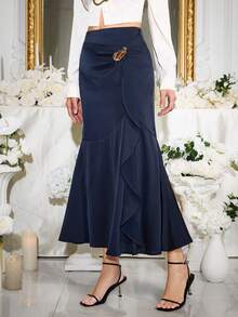 Modelyn Women's Solid Color Metal Decor Ruffle Hem Casual Versatile Date Outing A-Line Skirt - Navy Blue - View 5