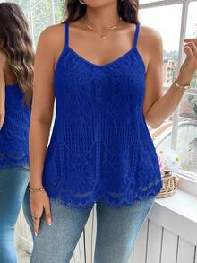 Reflora Plus Size Summer Casual Solid Color Sweetheart Neck Contrast Lace Camisole - Royal Blue - View 5