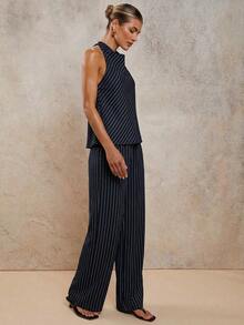 COSMINA 2pcs/Set Sleeveless Draped Neck Striped Navy Blue Top And Ankle Length Pants, Casual Minimalist Outfit - Navy Blue - View 6