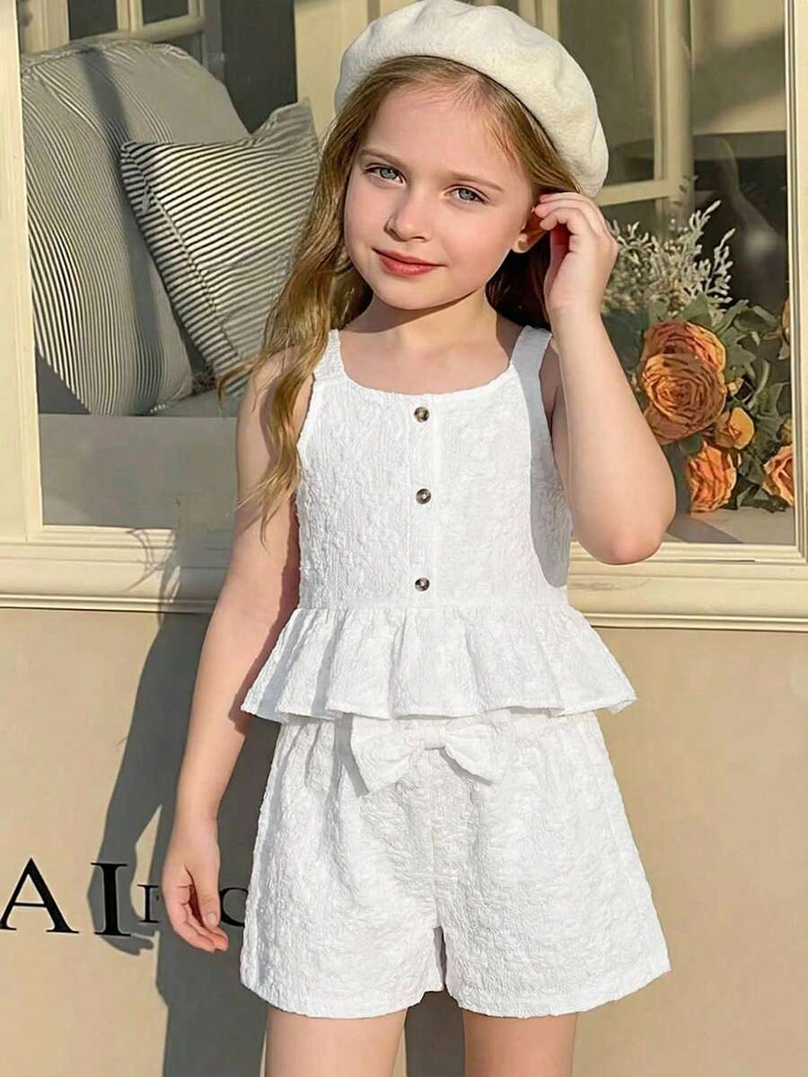 Elladie kids 2pcs Young Girl Floral Ruffle Trim Top And Shorts Set, Featuring 3D Floral Decor, Pure White Fabric, Oversized Bow Accent And Ruffle Hem Design, Suitable For Family Gathering, Spring/Summer Outing, Beach, Back To School Grey Summer Outfits For Girls White Short Sets - White - View 1