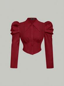 SHEIN MOD Plus Size Vintage Palace Style 2-Piece Set, Gigot Sleeve Shirt And High-Waisted Pleated Skirt, Stylish 2-Piece Outfit For Spring/Summer - Burgundy - View 8