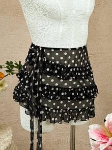 Bellisia 2026 Latest Bestselling Black Background White Dot Print 3-Layer Ruffle Asymmetric Bow Tie Design Swimsuit Skirt, Sweet & Cute Style For Summer Beach Vacation - Black and White - View 5