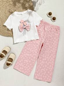 Playful Pals 两件套女童针织提花白色3D立体花卉图案短袖上衣和松紧腰休闲裤，适合春夏休闲穿着和户外活动 - 粉色 - 查看 3