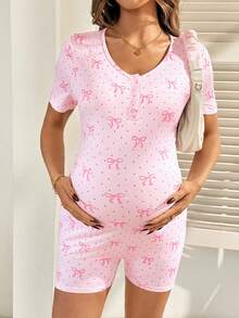 SHEIN Maternity Bow & Polka Dot Print Fitted Short Sleeve Dress - Pink - View 4
