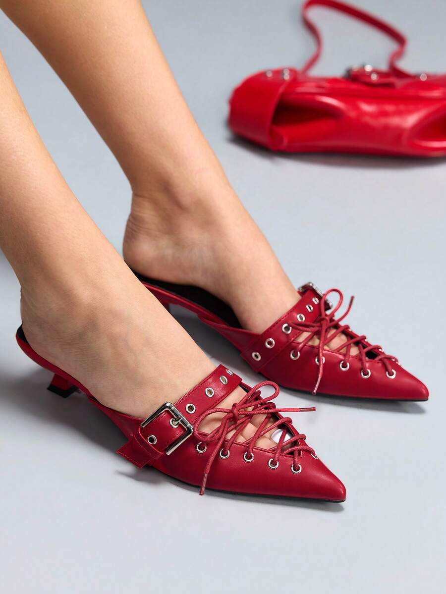 CUCCOO GRLICON Sepatu Hak Tinggi Wanita Model Baru Warna Merah dengan Hiasan Stud dan Gesper, Model Bertali - Merah - View 1