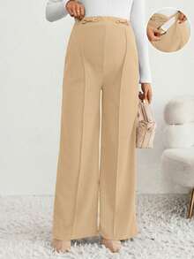 SHEIN Maternity Solid Color Casual Pants - Khaki - View 4