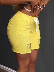 SHEIN SXY Women's Stylish Distressed Denim Shorts, Suitable For Summer - Yellow - View 4