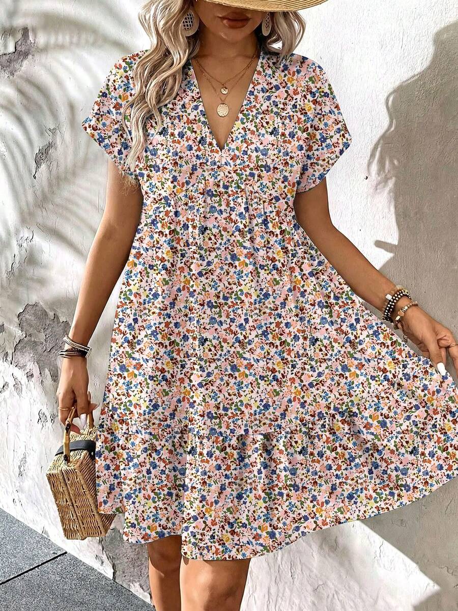 SHEIN LUNE Plus Size Ditsy Floral Vacation Dress - Multicolor - View 1