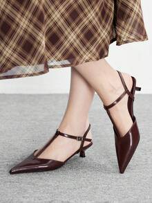 CUCCOO BIZCHIC Sandali con cinturino a T, punta affusolata e tacco a spillo, in pelle laccata, design minimalista, adatti per l'uso quotidiano - Castano - Visualizzare 3