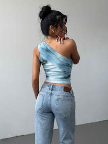 Aloruh Blusa sin mangas de estilo Y2K con estampado de teñido anudado, elegante y sexy, con malla ajustada, fruncido y lazo delantero - Azul - Ver 2