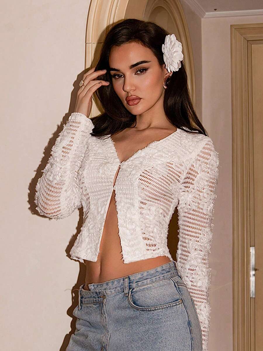 SHEIN Glamour 优雅波西米亚风钩针提花V领修身长袖镂空透视极简主义女式外套，适合度假、约会、户外活动穿着。 - 白色 - 查看 1