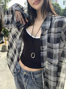 DAZY 女士格子落肩长袖单排扣休闲衬衫 - 藏蓝色 - 查看 1