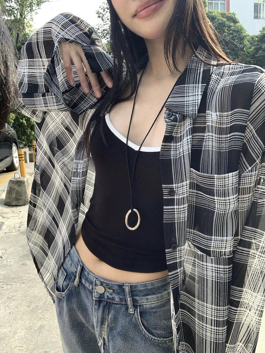 DAZY 女士格子落肩长袖单排扣休闲衬衫 - 藏蓝色 - 查看 1