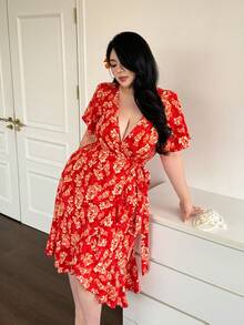 Vibekara 大码新款夏季V领印花高腰系带度假风连衣裙（女款） - 紅色 - 查看 3