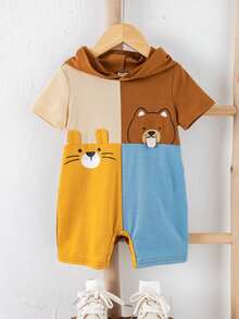 SHEIN Baju Terusan Bayi Unisex Baru Lahir Laki-laki/Perempuan Motif Hewan Lucu dengan Warna Kontras, Pakaian Bayi Musim Semi/Panas, Set Pakaian Bayi - Coklat - View 3